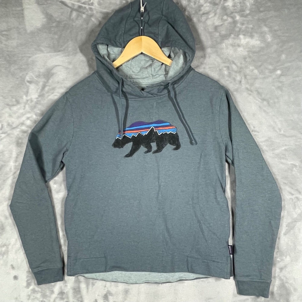 Patagonia Uprisal Hoody Blue Grey Fitz Roy Bear Graphic Pullover Hoodie Small